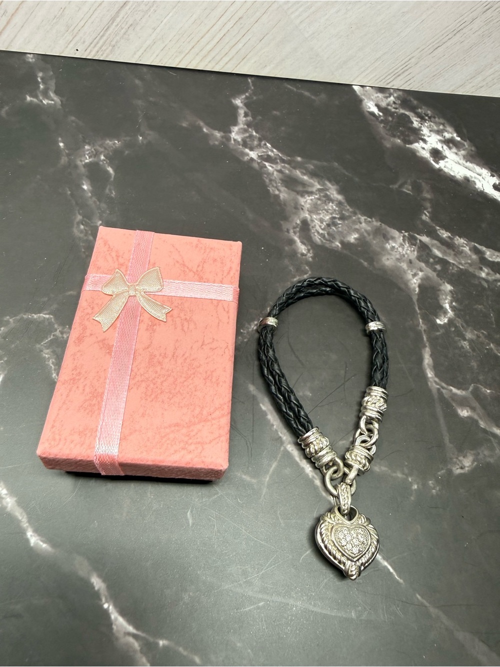 JUDITH RIPKA STERLING SILVER DIAMONIQUE CZ HEART CHARM BLACK LEATHER BRACELET